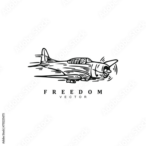 Vintage linear hand drawn military aircraft logo design badge for your brand or business