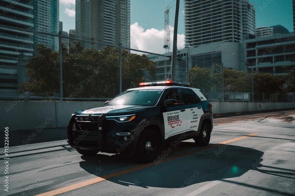 Law enforcement vehicle patrolling urban area. Generative AI
