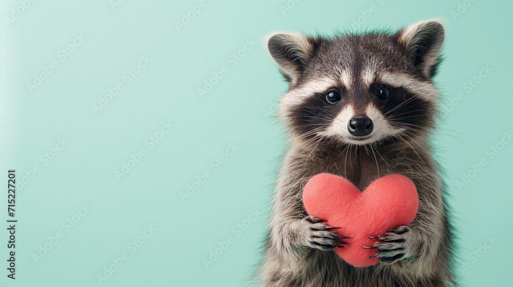 Valentine's day cute and smiling small racoon holding heart isolated on pastel green background, Women's Day, Mother's Day, Valentine's Day, Wedding concept. Copy space. Valentine's day cute and smiling small racoon holding heart isolated on pastel green background, Women's Day, Mother's Day, Valentine's Day, Wedding concept. Copy space.