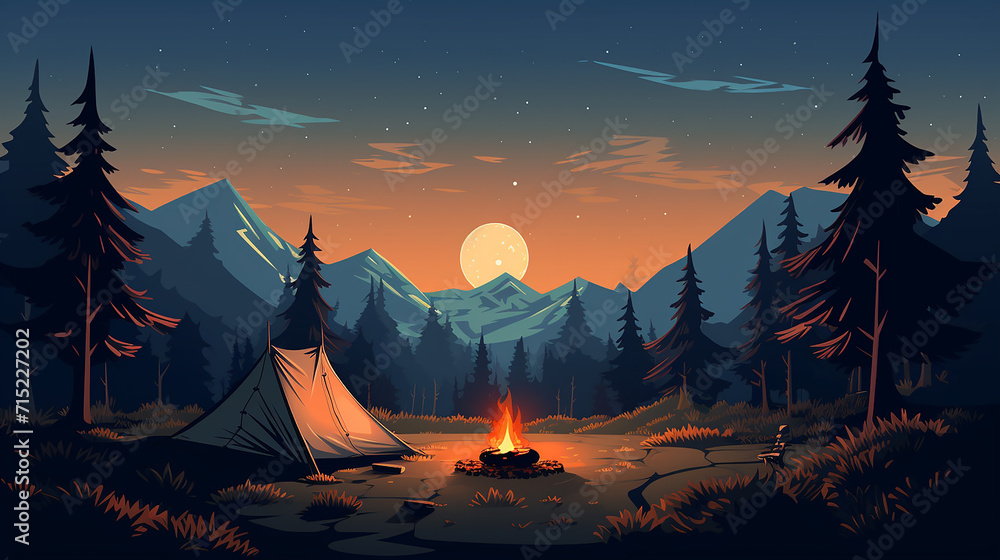 flat design of simple minimalist campsite with calm color that suggest peaceful night under stars - obrazy, fototapety, plakaty 