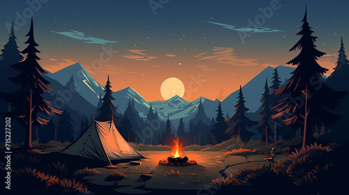 flat design of simple minimalist campsite with calm color that suggest peaceful night under stars
