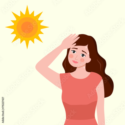 Woman suffering from heat and sweaty dehydration from strong sunlight in flat design. Hot climate in summer.
