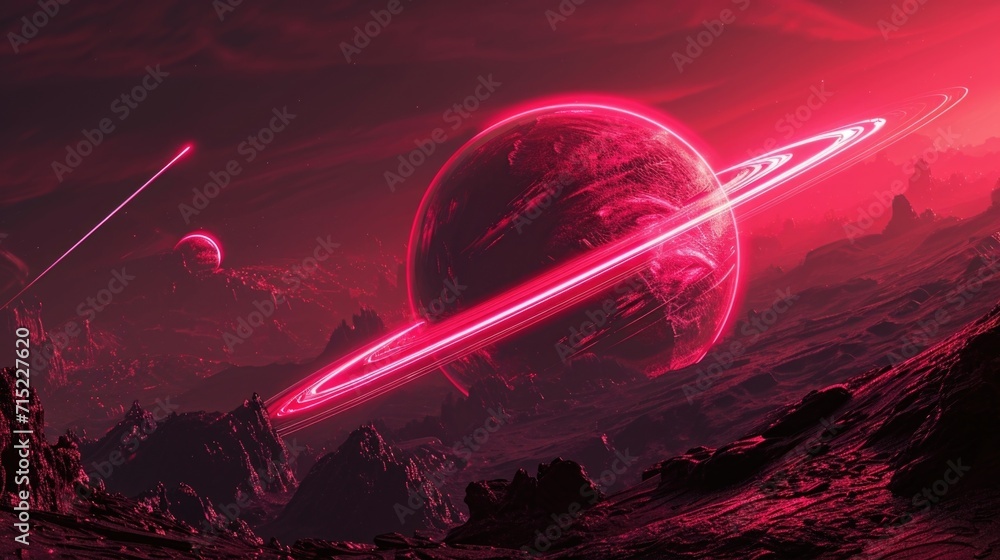 A neon red planet with glowing rings orbiting around it - obrazy, fototapety, plakaty 