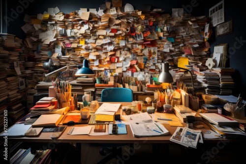 Office desk with a chaotic mix of documents and stationery, symbolizing a hectic work environment, Generative AI