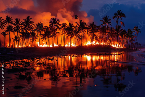 Tropical Island Fire at Night - Smoke, Palm Trees, Beach, Water © illuminating images