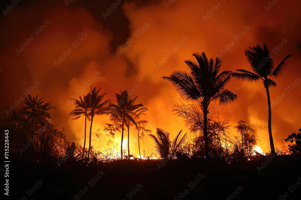 Tropical Island Fire at Night - Smoke, Palm Trees, Beach, Water Tropical Island Fire at Night - Smoke, Palm Trees, Beach, Water