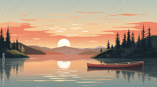 Leinwand Poster illustration depicting the quiet solitude of a canoe on a still lake, with gentl