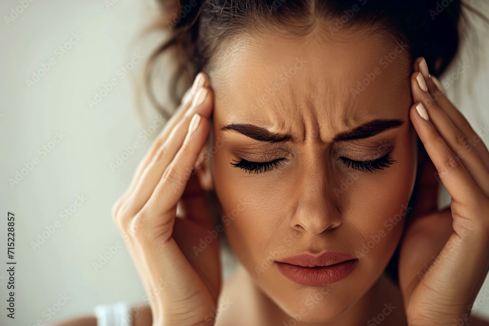 woman with migraine or headache holding her head due to pain, generative Ai woman with migraine or headache holding her head due to pain, generative Ai