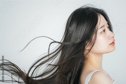 黒髪の綺麗な日本人女性の横顔の写真（ヘアケア・ロングヘア・縮毛矯正・ストレート・背景なし）