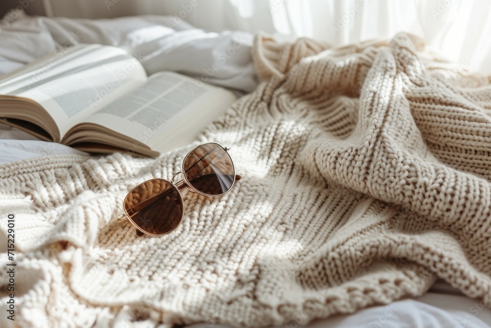 Cozy Reading Scene with Sunglasses and Knitted Blanket Cozy Reading Scene with Sunglasses and Knitted Blanket