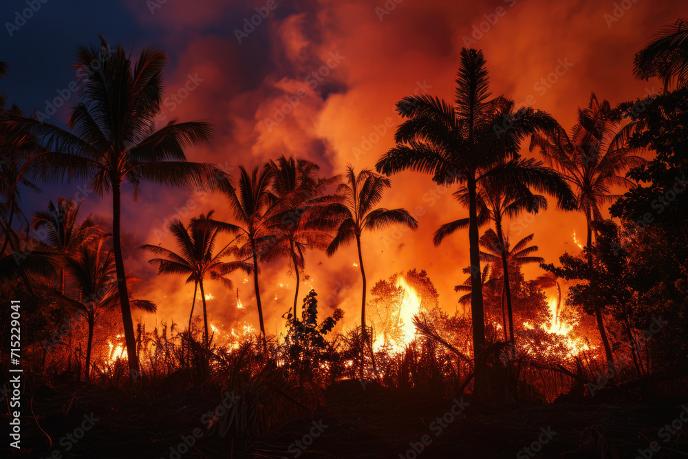 Hawaii Island Fire at Night - Smoke, Palm Trees, Beach, Water Hawaii Island Fire at Night - Smoke, Palm Trees, Beach, Water