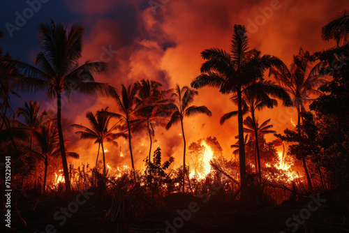 Hawaii Island Fire at Night - Smoke, Palm Trees, Beach, Water © illuminating images