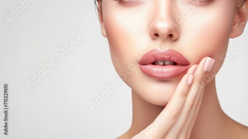 Lips Face Beauty Woman Close up Portrait over White. Model with Plump Lip and Nude Nail Polish Hands under Chin. Healthy Skin Care Cosmetics over isolated studio background