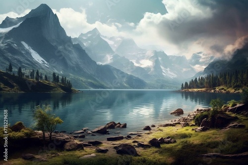 Scenic lake and mountain. Generative AI
