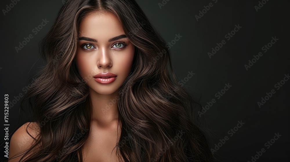 Portrait of a beautiful brunette woman with long wavy hair. Copy spase