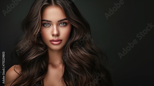 Portrait of a beautiful brunette woman with long wavy hair. Copy spase