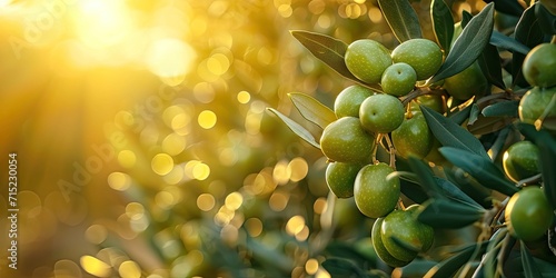 Organic olive oil from green nature agricultural freshness in leaves and branches of olive tree food fruit of Mediterranean garden harvest in seasonal rhythm healthy and ripe for vegetarian background © Thares2020