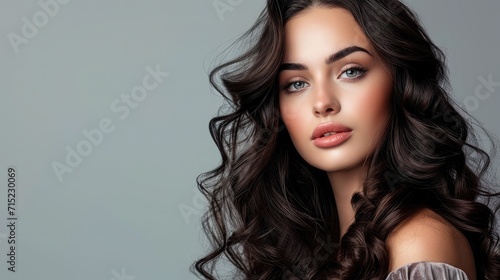 Portrait of elegant stylish young woman with long dark curly healthy shiny hair and makeup on grey banner background