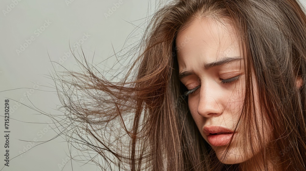Woman have damaged and broken hair, loss hair, dry problem concept.