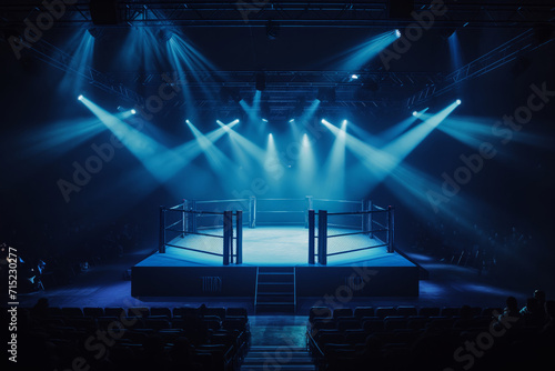 Empty MMA Fighting Ring with Blue Lights in Arena