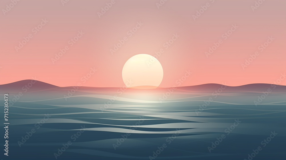 A minimalist sunrise, where the simplicity of rising orb and gentle waves create a symphony of calm