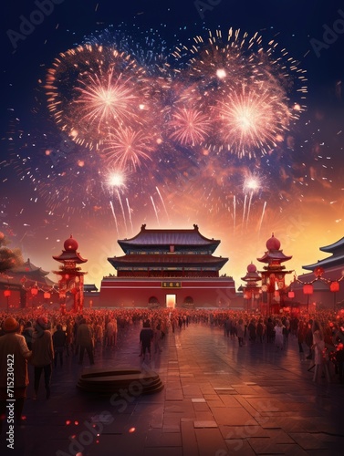 Magnificent Tian 'anmen Square, Gift bag, Fireworks, Fairy light, Stars, Starry Red Sky, Matte painting by Michael James Smith, CG rendering, Volume Light, Space Art with generative ai photo