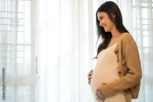 Free Download Happy smiling Mother woman hugging and smiling expecting with pregnancy hold baby in belly, woman pregnant, birth, preparation, maternity, care with childbirth at home.Love of family - GFXLoad