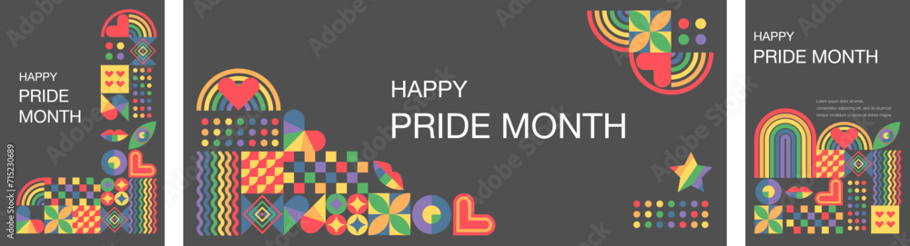 A set of templates with rainbow colors of pride month. LGBT Pride Month. Love, freedom, support, peace.Abstract geometric background. Vector illustration