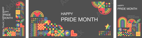 A set of templates with rainbow colors of pride month. LGBT Pride Month. Love, freedom, support, peace.Abstract geometric background. Vector illustration photo