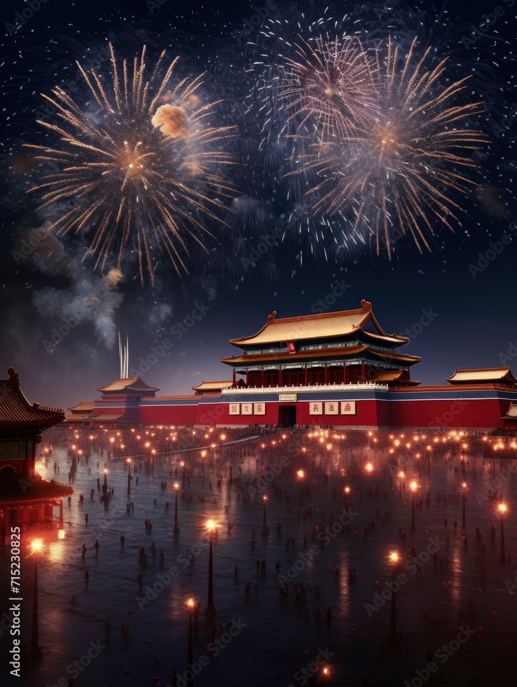 Fototapeta premium Magnificent Tian 'anmen Square, Gift bag, Fireworks, Fairy light, Stars, Starry Red Sky, Matte painting by Michael James Smith, CG rendering, Volume Light, Space Art with generative ai