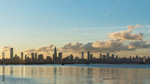 Skyline of Shenzhen city  China. Viewed from Hong Kong border Lau Fau Shan