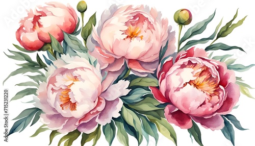 Set of floral bouquet of peonies flowers, Watercolor, spring collection of hand drawn flowers, Botanical plant illustration , elegant watercolor, mother's day, women's day, banner, templates, ai