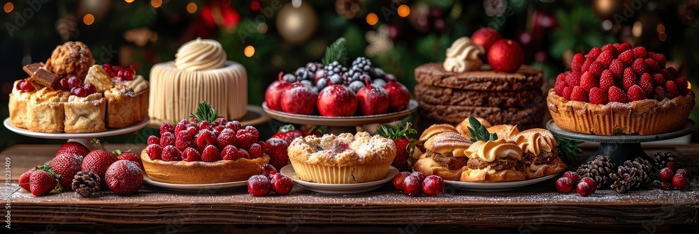 Christmas Table Setting Tasty Pastries Fruits, Background HD, Illustrations