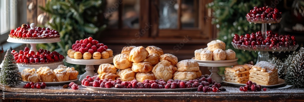 Christmas Table Setting Tasty Pastries Fruits, Background HD, Illustrations