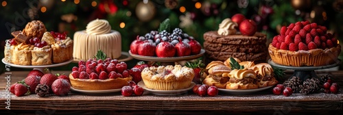 Christmas Table Setting Tasty Pastries Fruits, Background HD, Illustrations © Cove Art