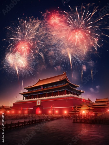 Magnificent Tian 'anmen Square, Gift bag, Fireworks, Fairy light, Stars, Starry Red Sky, Matte painting by Michael James Smith, CG rendering, Volume Light, Space Art with generative ai