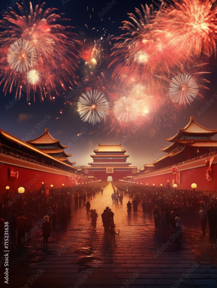Fototapeta premium Magnificent Tian 'anmen Square, Gift bag, Fireworks, Fairy light, Stars, Starry Red Sky, Matte painting by Michael James Smith, CG rendering, Volume Light, Space Art with generative ai