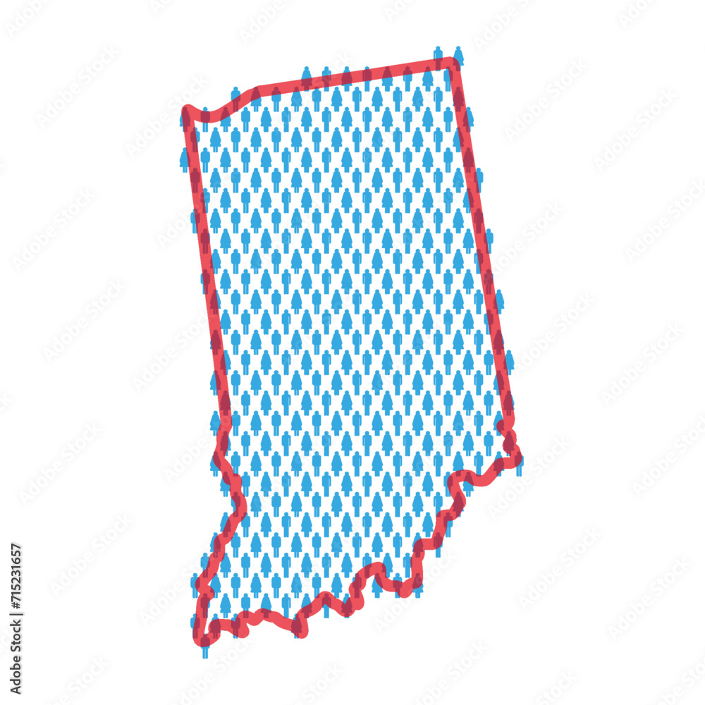 Indiana population map. Stick figures people map. Pattern of men and women. Flat vector illustration Indiana population map. Stick figures people map. Pattern of men and women. Flat vector illustration