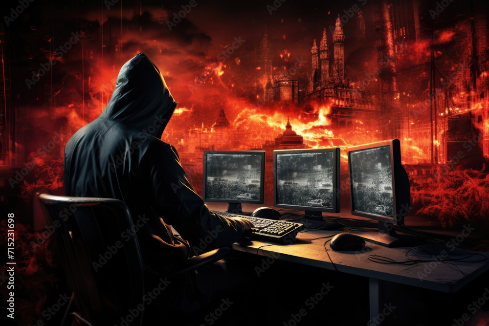 Cyber Security Hacker at Workstation, Generative AI