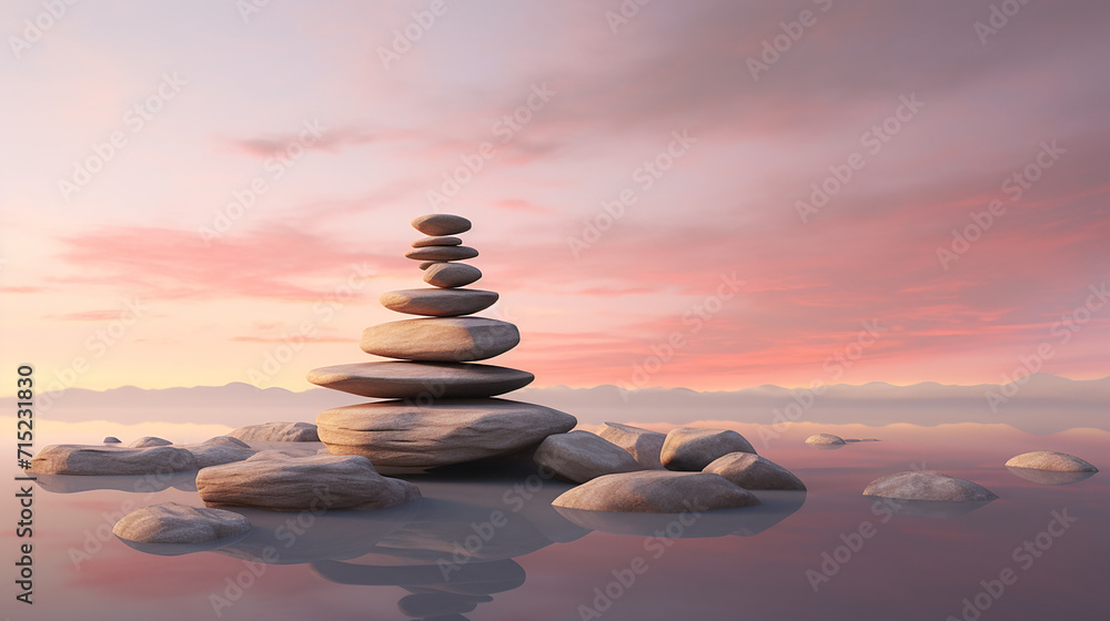 A soft toned 3D visualization of a small stone cairn, set against a dusk sky