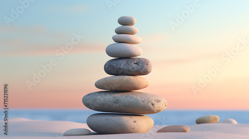 A soft-toned 3D visualization of a small stone cairn  symbolizing balance and mindfulness