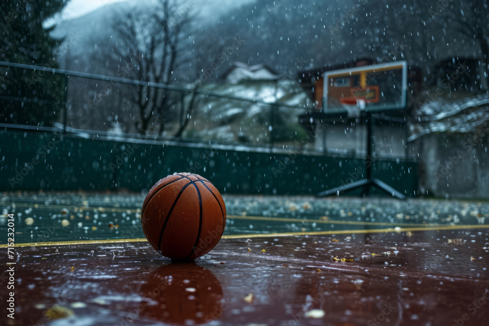 Wet Basketball on Court During Rainy Day with Hoop in Background Wet Basketball on Court During Rainy Day with Hoop in Background