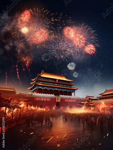 Magnificent Tian 'anmen Square, Gift bag, Fireworks, Fairy light, Stars, Starry Red Sky, Matte painting by Michael James Smith, CG rendering, Volume Light, Space Art with generative ai photo