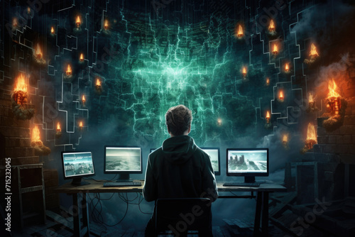 Obraz na płótnie Cyber Security Hacker at Workstation, Generative AI w salonie