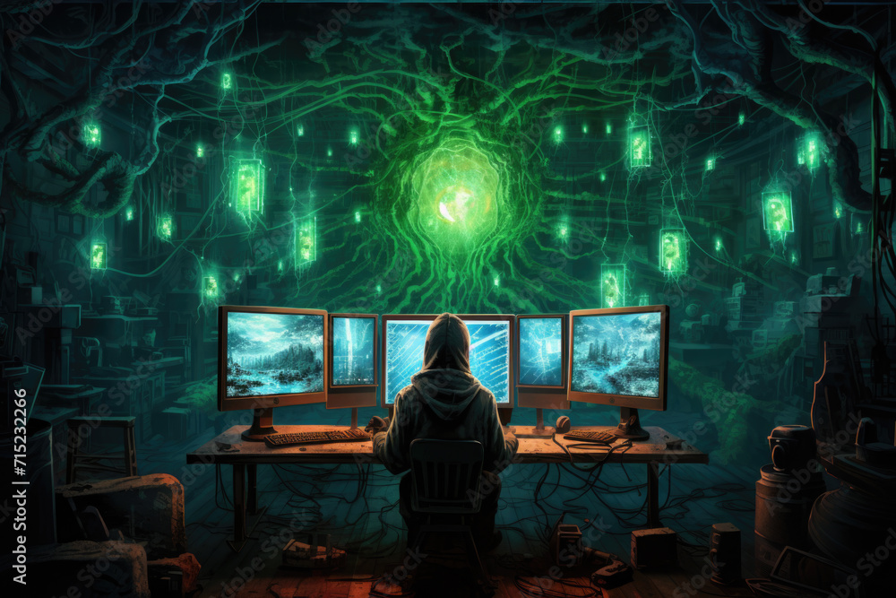 Cyber Security Hacker at Workstation, Generative AI