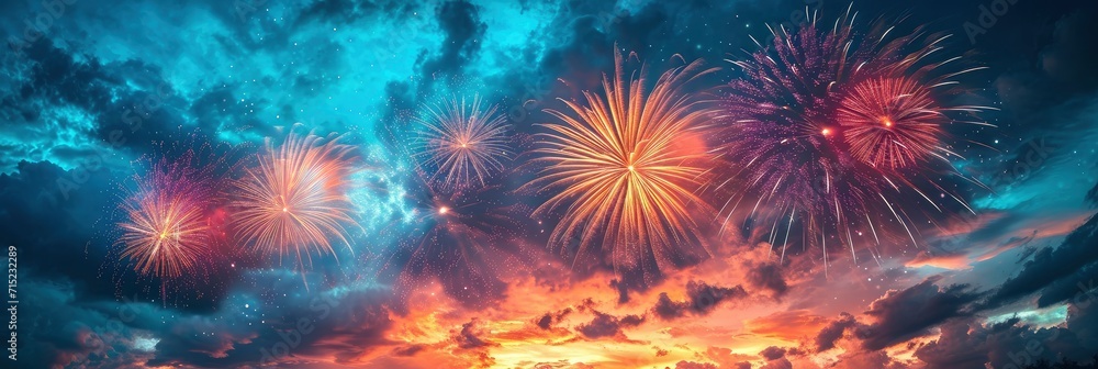 Fototapeta premium Colorful Fireworks On Cloudy Blue Sky, Background HD, Illustrations
