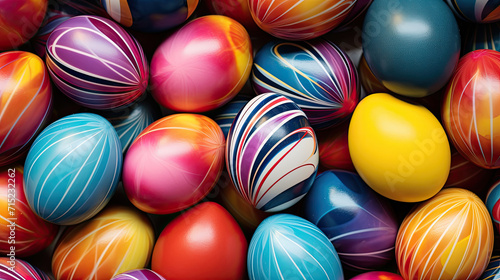 Top view of colorful Easter eggs. Multicolor painted eggs. Generative AI.