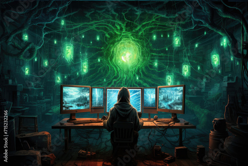 Obraz na płótnie Cyber Security Hacker at Workstation, Generative AI w salonie