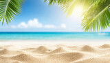 Tropical beach with coconut palm tree leaf. Summer vacation background.