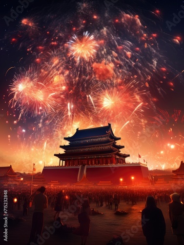 Magnificent Tian 'anmen Square, Gift bag, Fireworks, Fairy light, Stars, Starry Red Sky, Matte painting by Michael James Smith, CG rendering, Volume Light, Space Art with generative ai photo